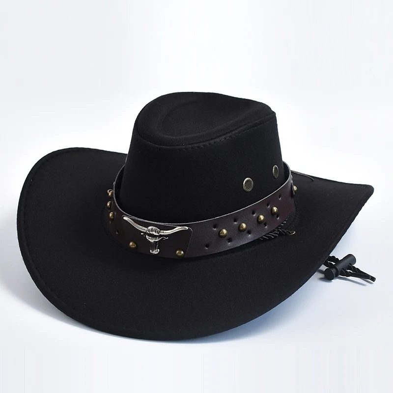 Brown premium felt cowboy hat structured crown studded leather band silver longhorn emblem Western rancher