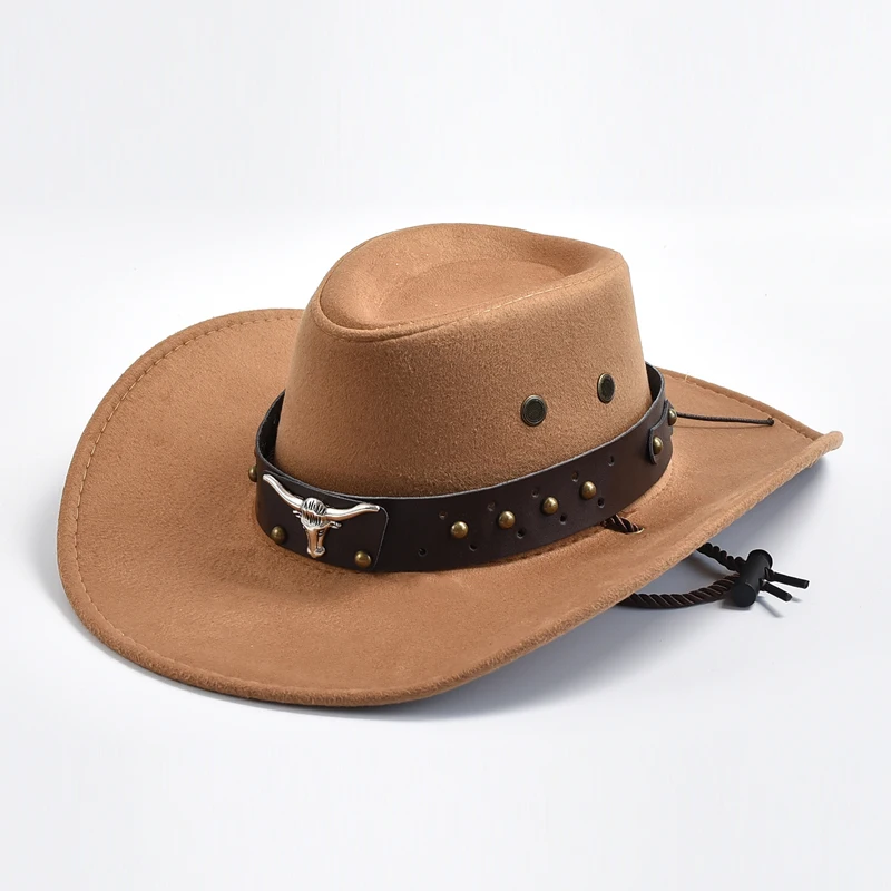 Brown premium felt cowboy hat with studded leather band and silver longhorn emblem, Western rancher style