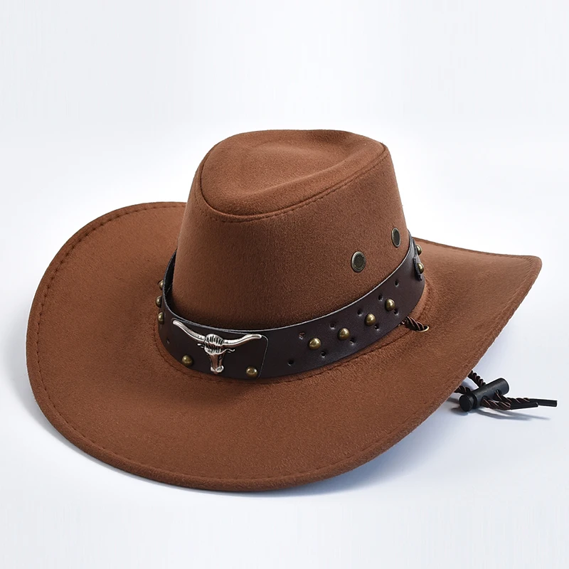 Brown premium felt cowboy hat with studded leather band and silver longhorn emblem, Western rancher style