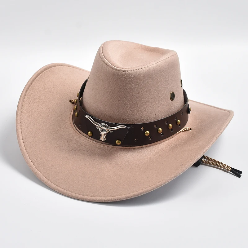 Brown premium felt cowboy hat structured brim studded leather band silver longhorn emblem Western rancher
