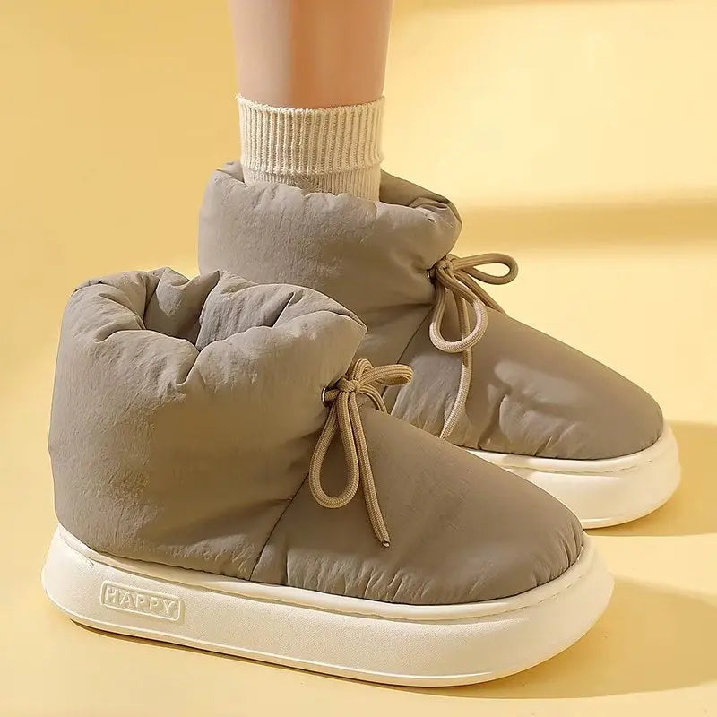 Women's cozy high-top slippers in neutral tones with plush faux wool lining and lightweight EVA sole