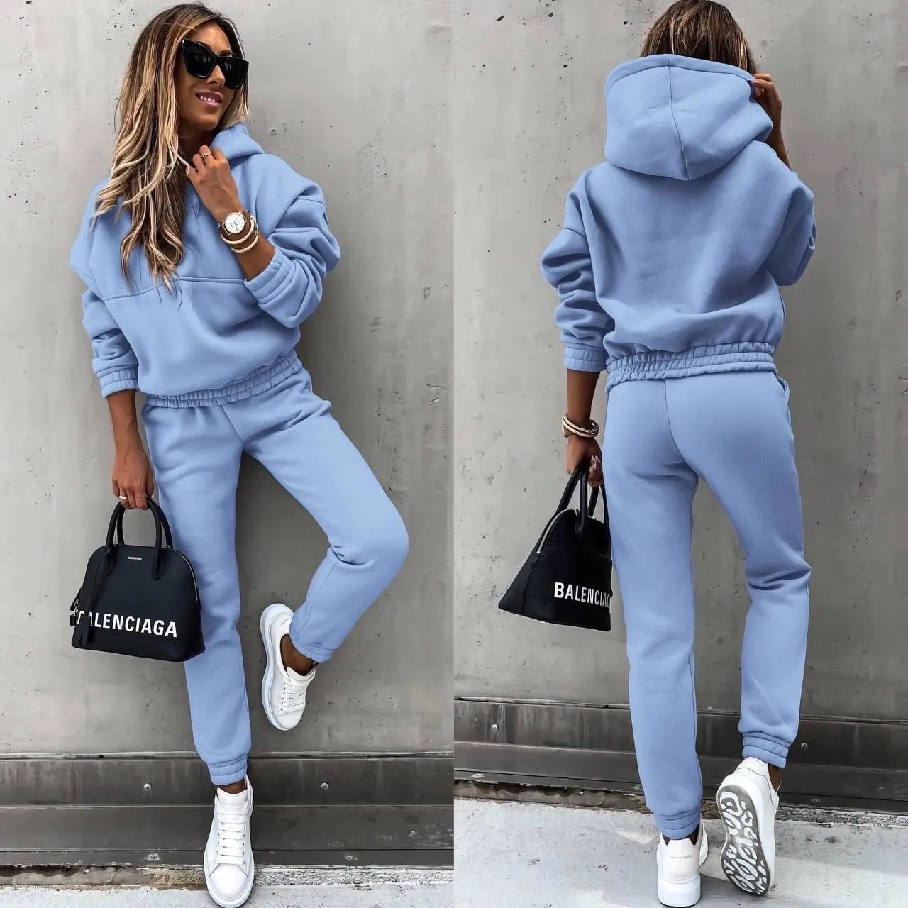 Women's cozy hoodie and jogger set soft breathable fabric relaxed fit matching loungewear