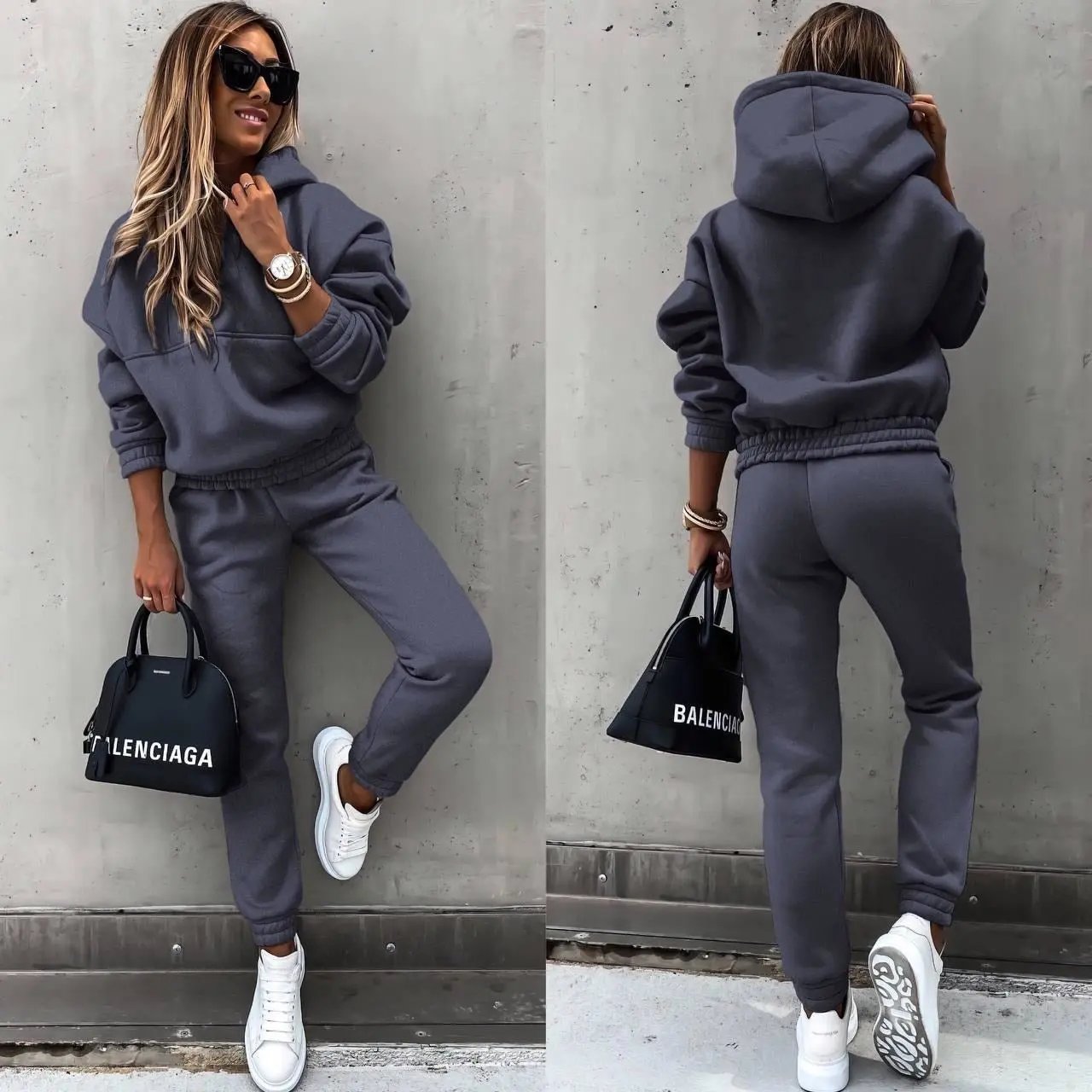 Women's cozy hoodie and jogger set soft breathable fabric flattering silhouette casual loungewear