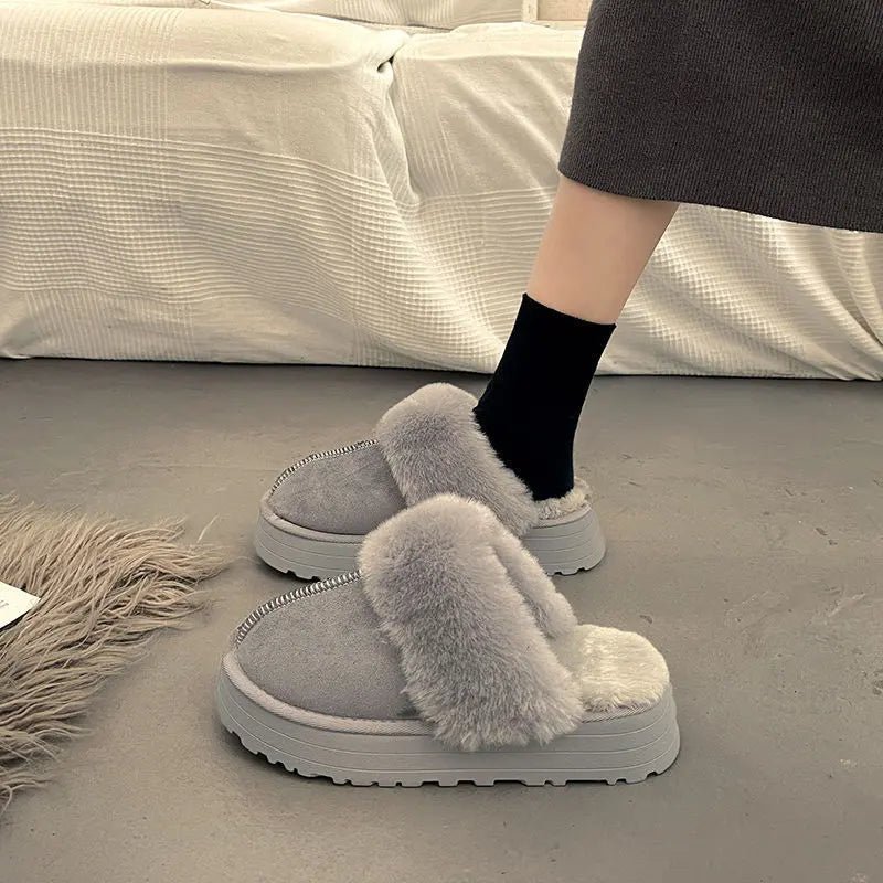 Women's suede winter slippers soft cotton lining thick 5cm non-slip sole cozy warm comfort
