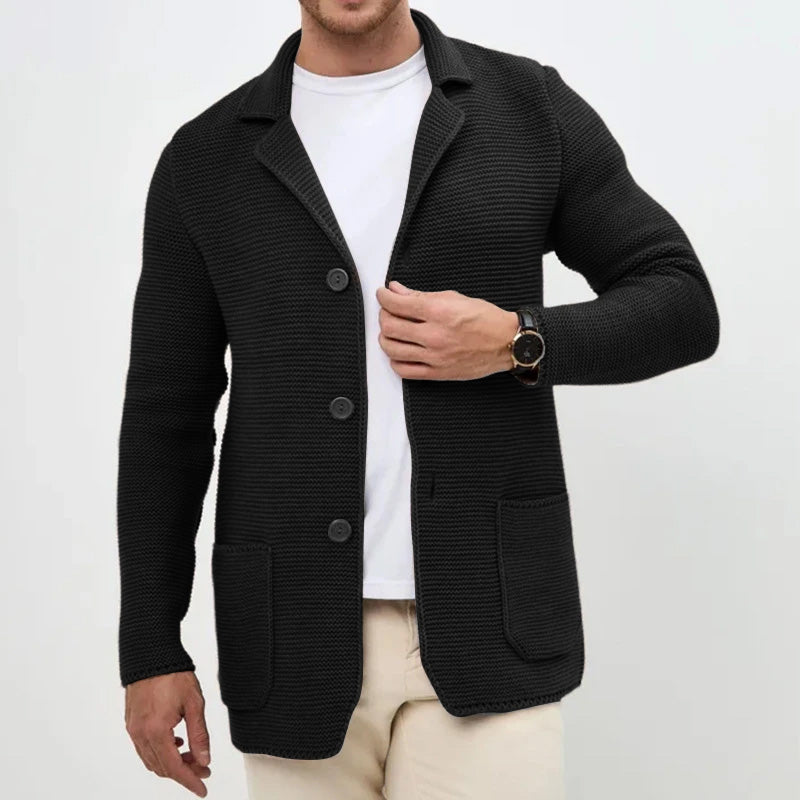 Men's slim-fit knitted cardigan, cozy button-front with turn-down collar and front pockets
