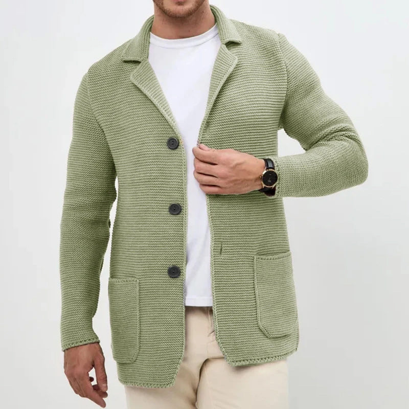 Men's slim-fit knitted cardigan, cozy button-front with turn-down collar and front pockets