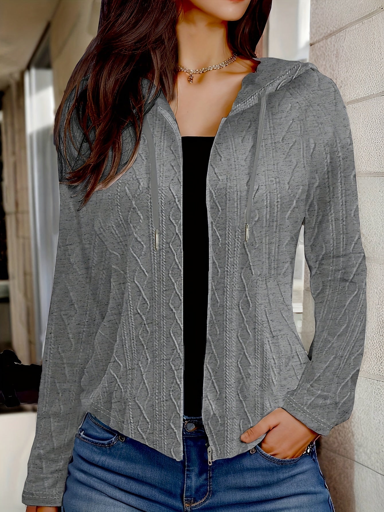 Women's relaxed-fit hooded zip jacket in knitted-look polyester for casual all-day comfort