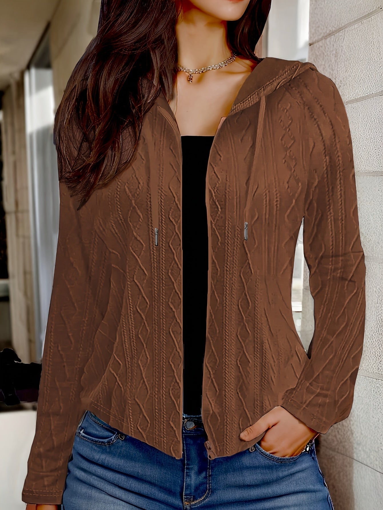 Women's relaxed-fit hooded zip jacket in knitted-look polyester for all-day casual comfort