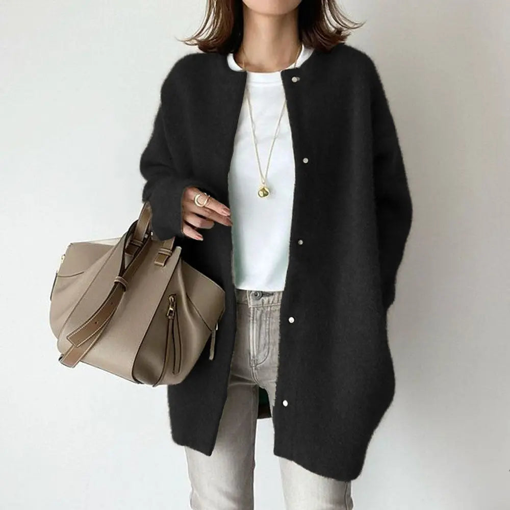 Women's relaxed-fit wool cardigan with suede accents, pockets, cozy modern chic style