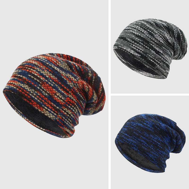 Striped winter beanie premium wool plush fleece lining cozy cold-weather hat outdoor style