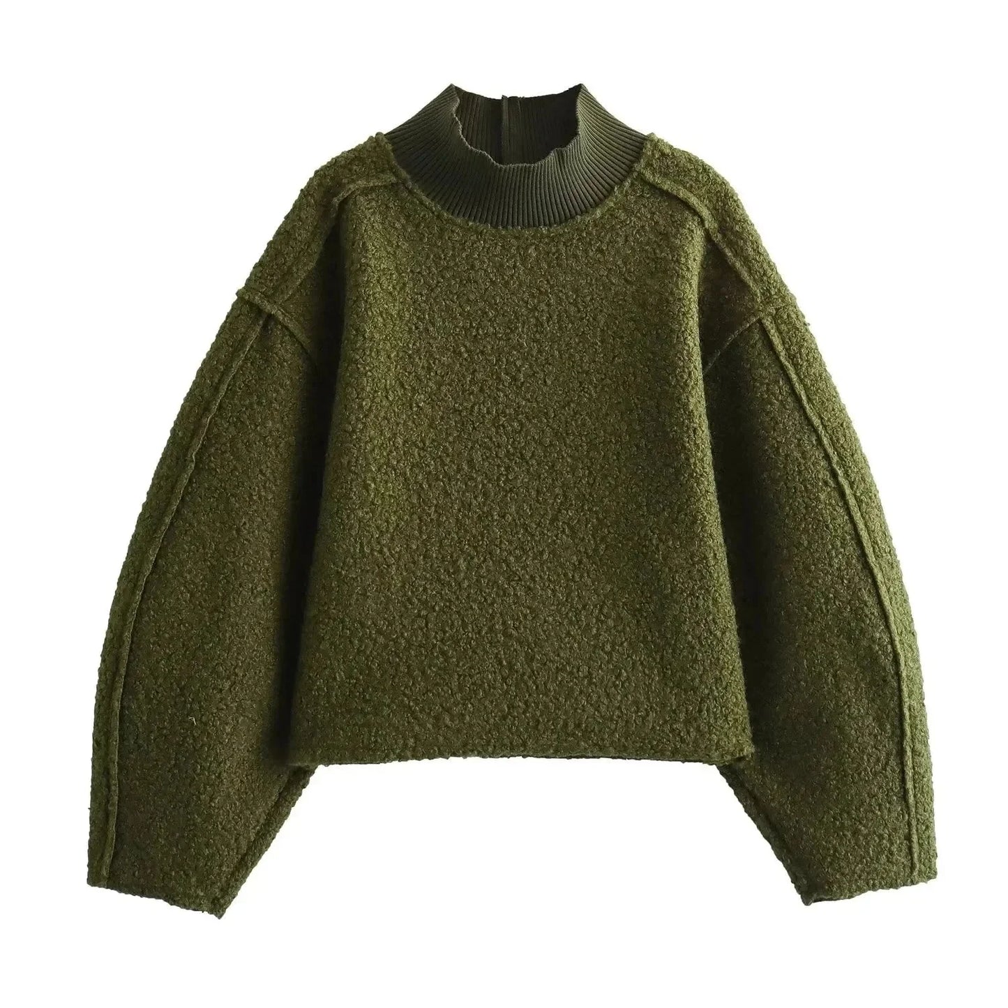 Women's oversized boucle turtleneck pullover in textured knit with high ribbed neckline streetwear style