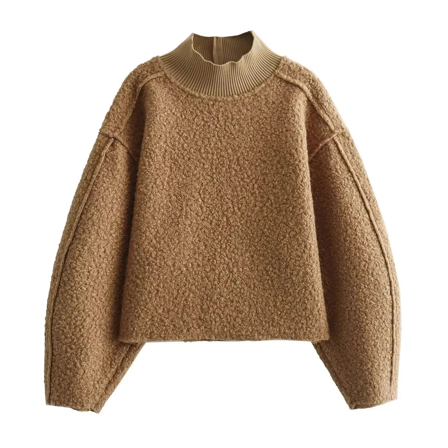 Women's oversized boucle turtleneck pullover in cozy textured knit with high ribbed neckline