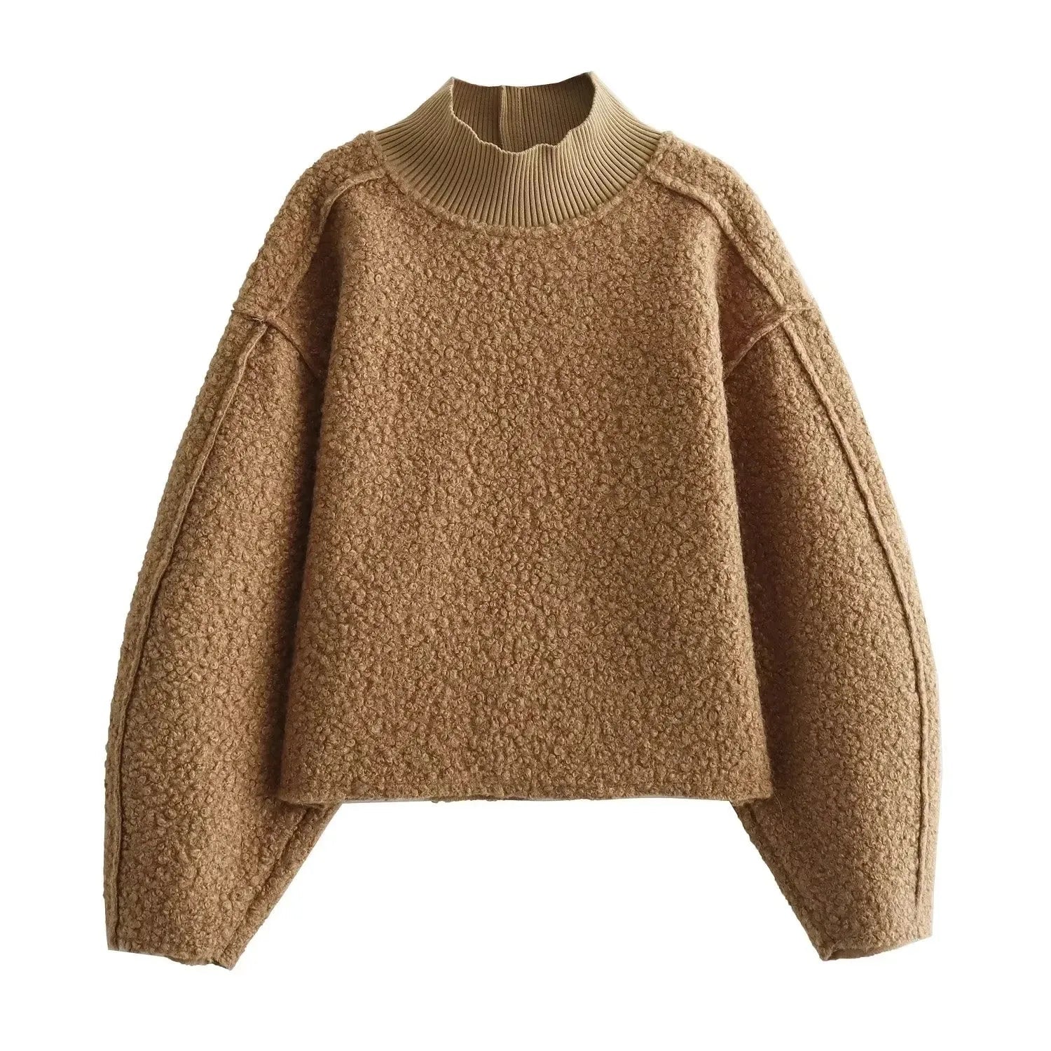 Women's oversized boucle turtleneck pullover in cozy textured knit with high ribbed neckline