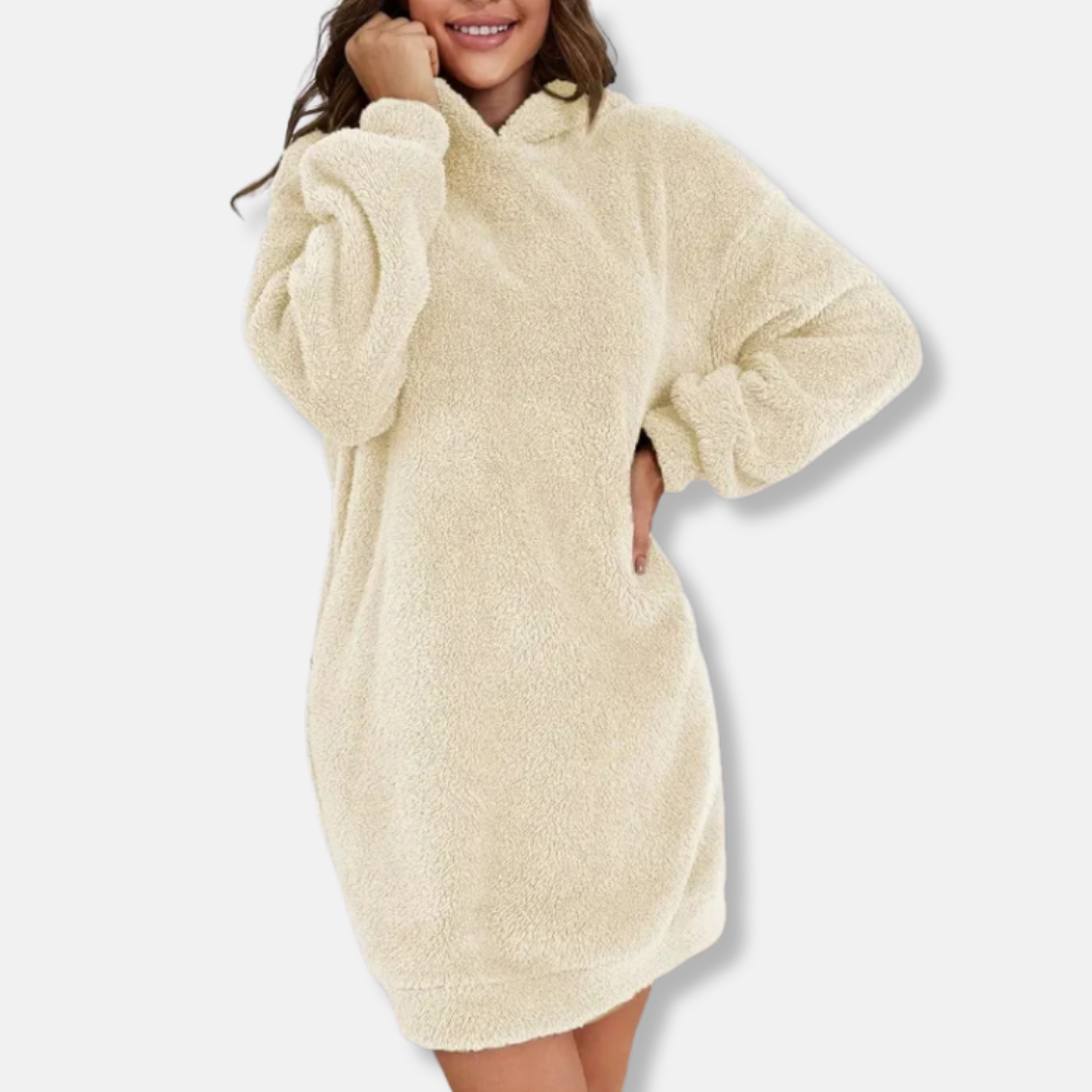 Women's oversized hoodie mini dress in plush fleece knit, cozy lounge style with relaxed silhouette