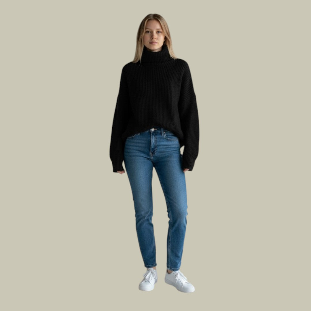 Women's relaxed fit turtleneck sweater cozy winter knit modern silhouette everyday style