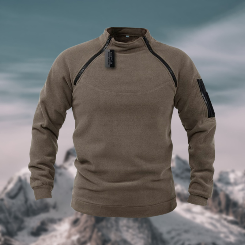 Men's gray tactical fleece pullover, lightweight wind-resistant design with sleeve utility pocket