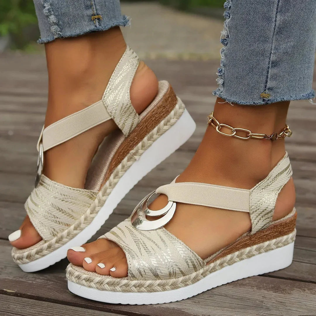 Women's metallic accent wedge sandals with jute-wrapped platform, elastic slingback, and open toe