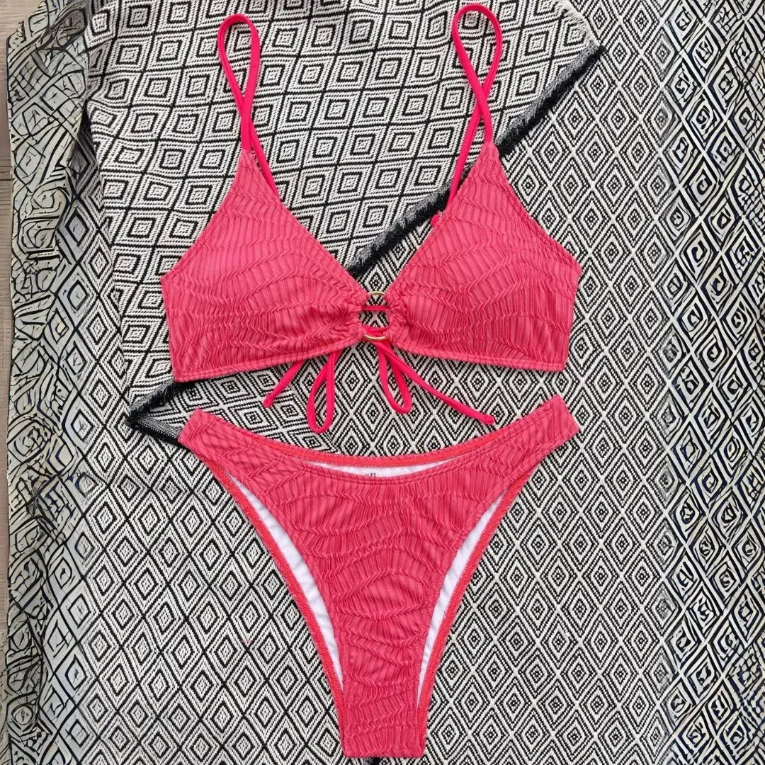 Crimson red triangle ring bikini set high-cut bottoms ring-front top flattering two-piece swimsuit
