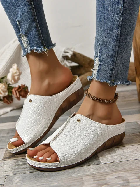Women's croc-embossed slip-on wedge sandals open-toe casual semi-formal everyday style