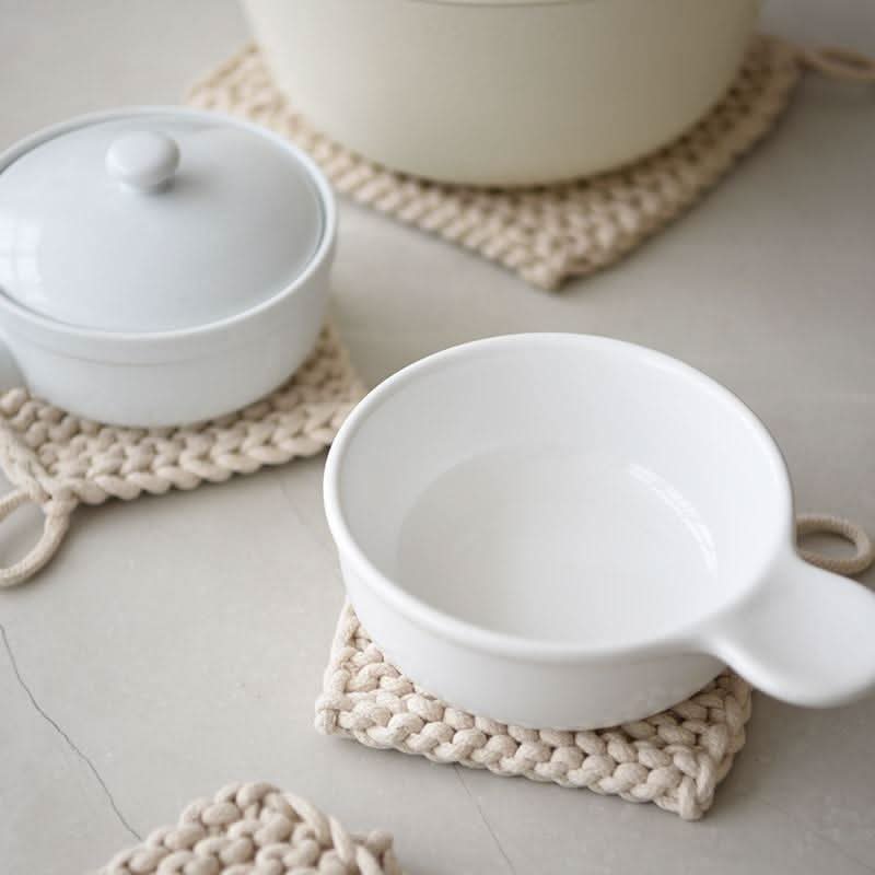 Creamy chunky knit cotton pot holder with hanging loop, handcrafted cozy heat protection for home cooks
