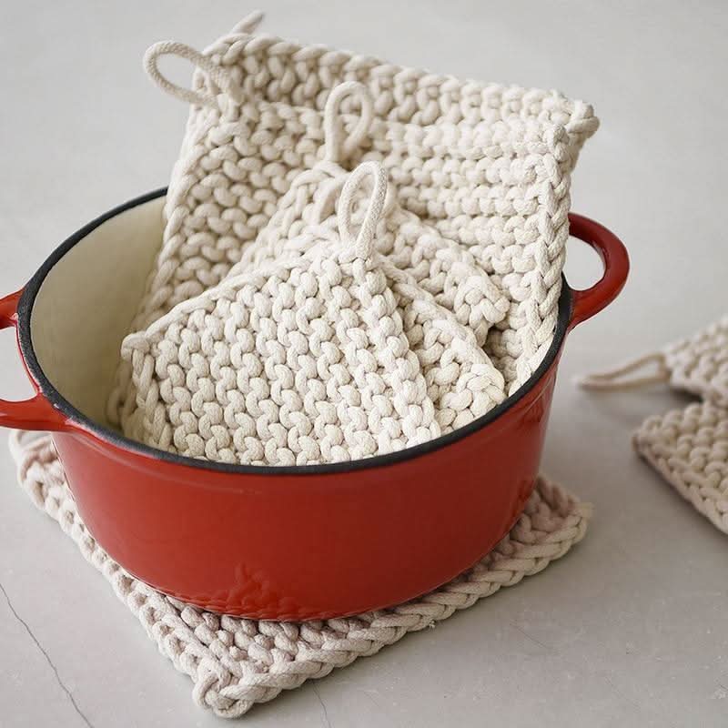Creamy chunky knit cotton pot holder with hanging loop, handcrafted cozy heat protection for home cooks
