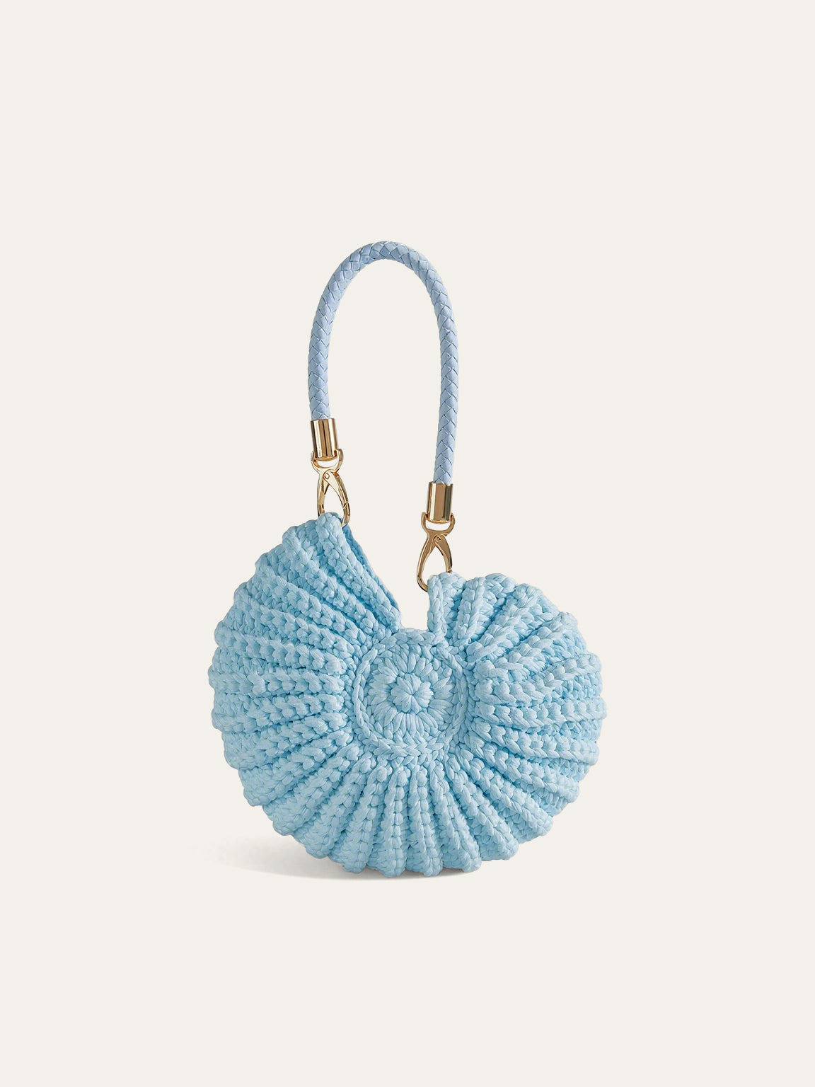 Conch shell crochet handbag beige structured silhouette detachable rope handle playful chic everyday bag