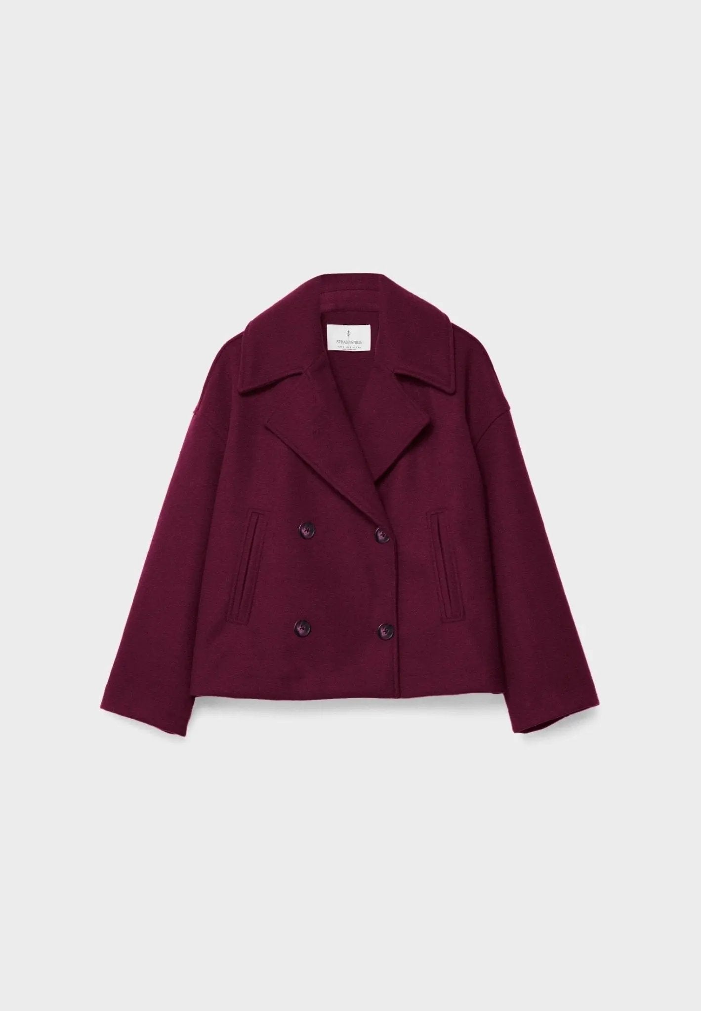 Women's cropped double-breasted winter jacket with wide lapels, structured silhouette in classic style