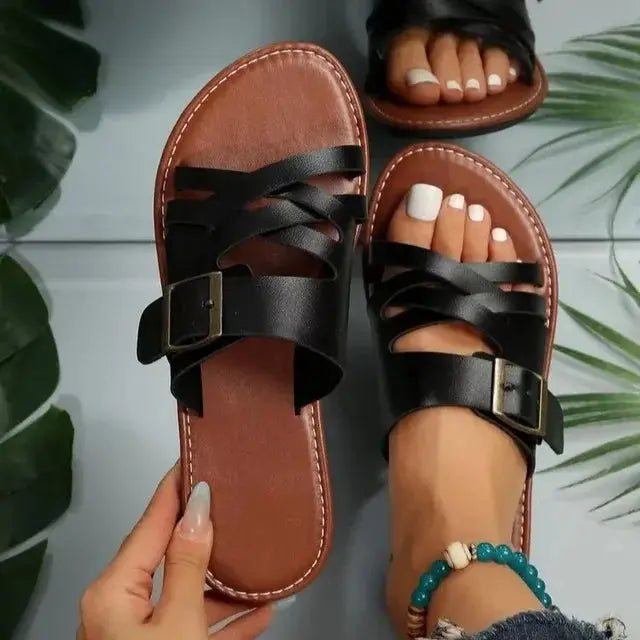 Women's flat sandals beige cross-hollow PU leather buckle strap summer slippers chic casual style