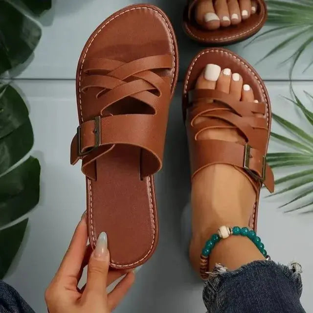 Women's flat sandals beige PU leather cross-hollow design with chic buckle detail for summer