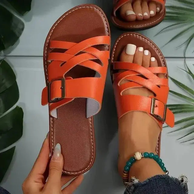 Women's flat sandals beige cross-hollow PU leather buckle slippers chic summer casual style