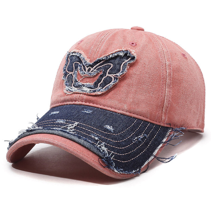 Women's washed denim baseball cap curved brim embroidered butterfly retro wings streetwear adjustable