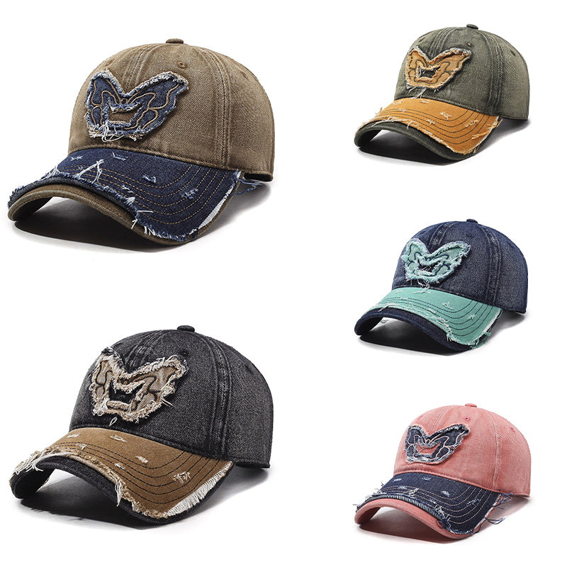 Women's washed denim baseball cap curved brim embroidered butterfly retro wings streetwear adjustable