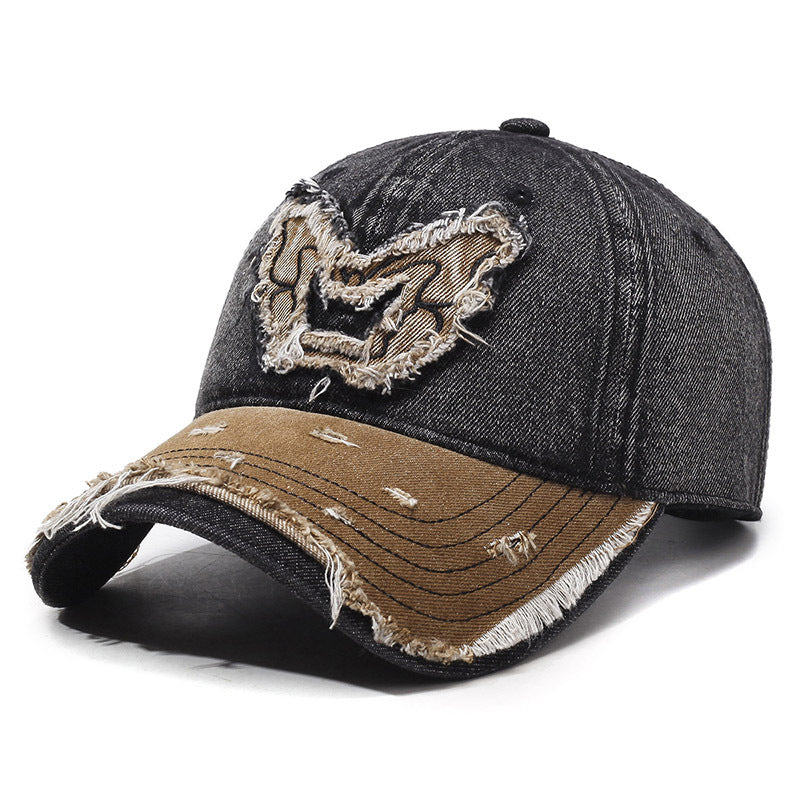 Women's washed denim baseball cap curved brim embroidered butterfly retro wings streetwear style