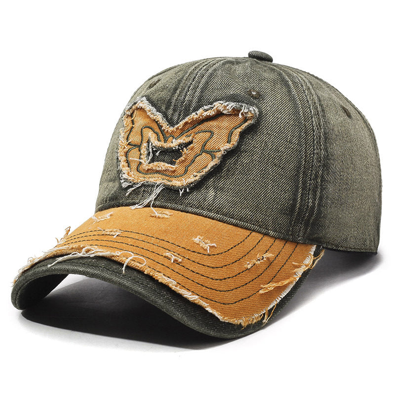 Women's washed denim baseball cap with embroidered butterfly retro wings curved brim adjustable