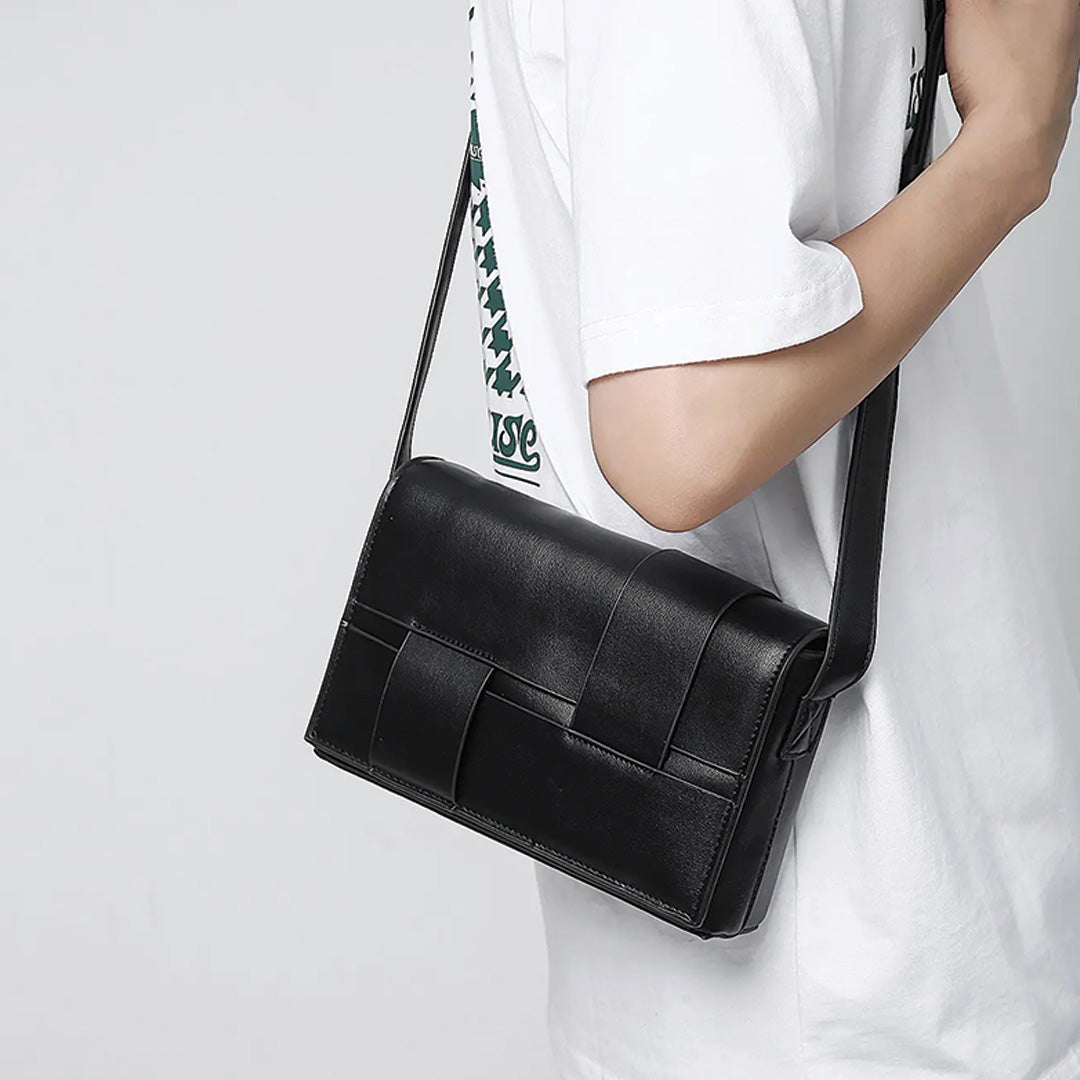 Urbann-Vibe Cruxly tan sustainable leather crossbody shoulder bag with crosshatch woven texture and adjustable strap