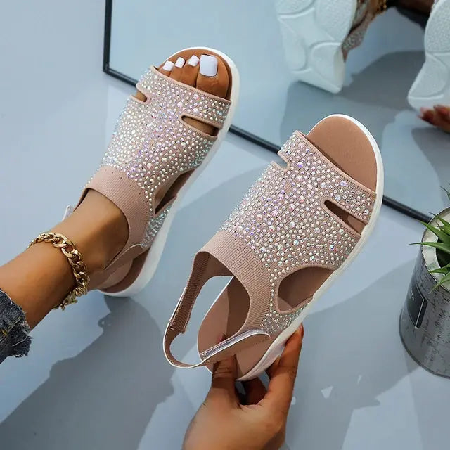 Women's crystal embellished mesh slippers lightweight breathable casual slides with sparkling rhinestone detail