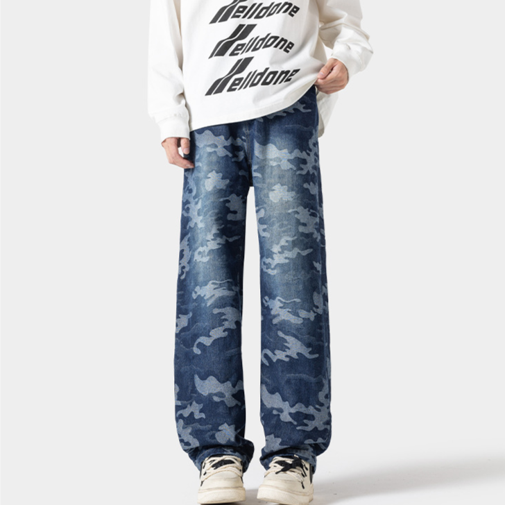 Camouflage wash oversized wide-leg denim jeans bold camo print streetwear relaxed fit