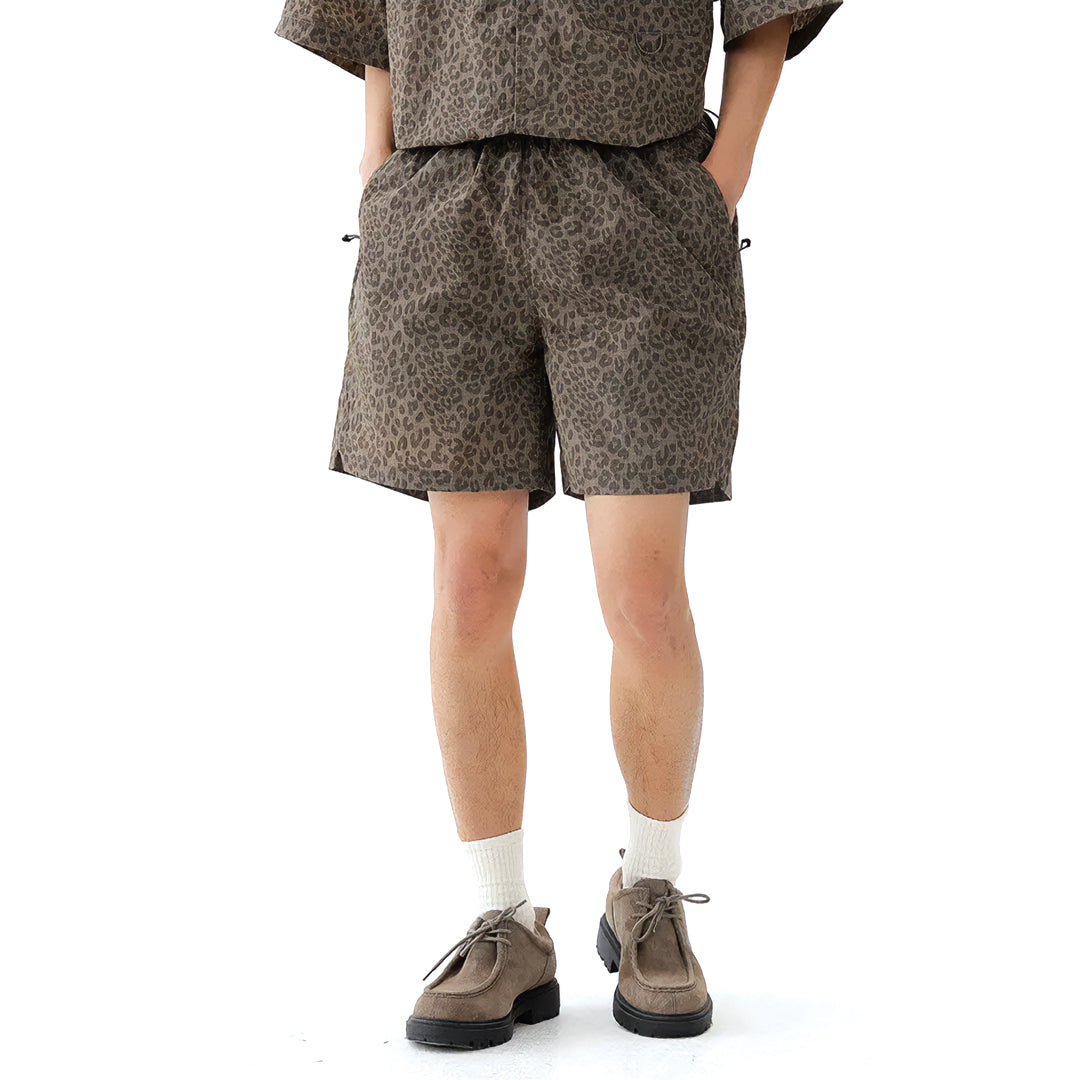 Leopard print quick-dry nylon shorts elastic drawstring waist bold animal pattern active outdoor style