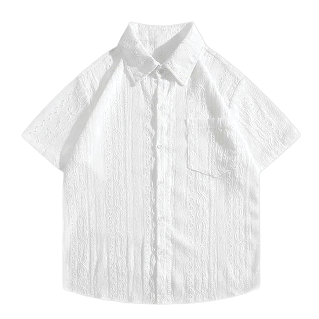 Men's white jacquard lace shirt breathable turn-down collar summer lightweight sophisticated detailing