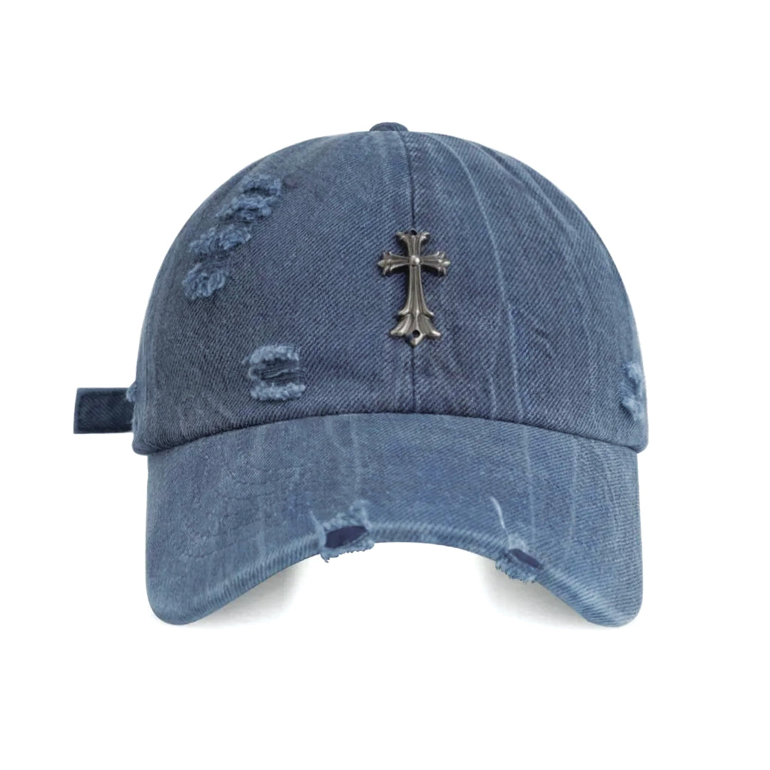 Distressed cotton denim baseball cap with cross emblem, adjustable strap, unisex streetwear style