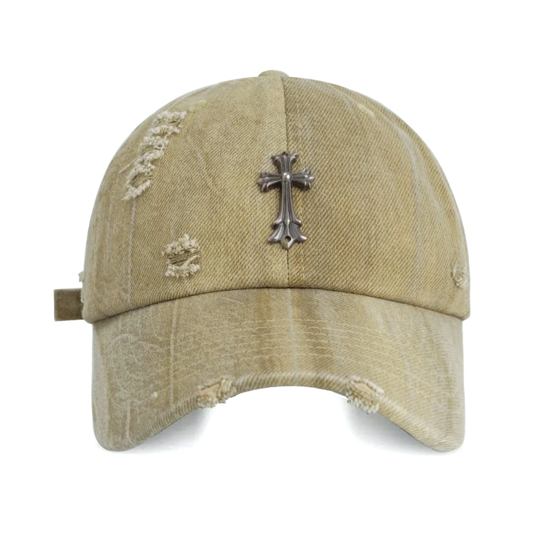 Distressed cotton denim baseball cap with cross emblem, adjustable strap, unisex streetwear style