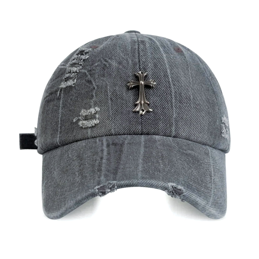Distressed denim baseball cap with cross emblem, adjustable strap, unisex streetwear cotton hat