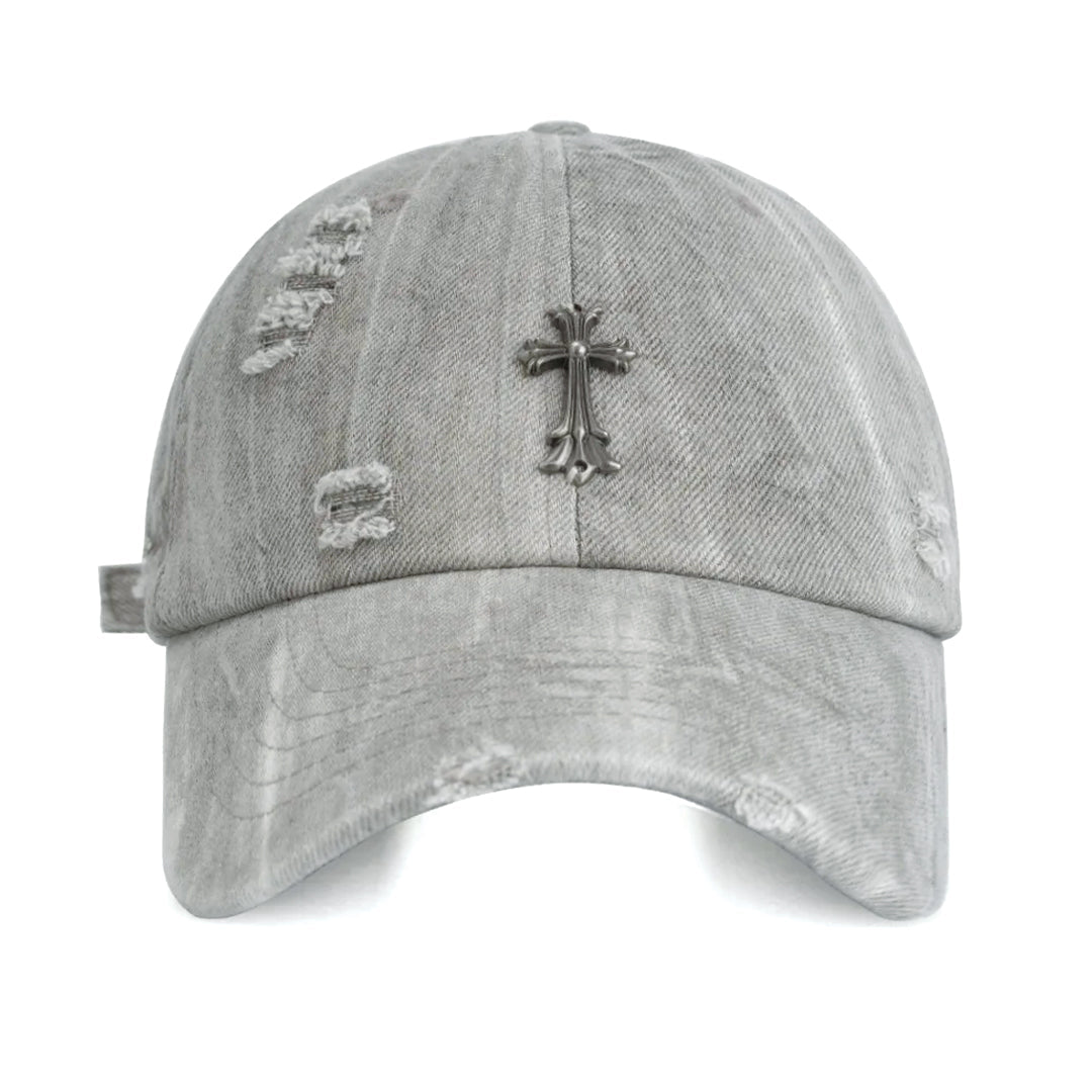 Distressed cotton denim baseball cap with cross emblem, adjustable strap, unisex streetwear style
