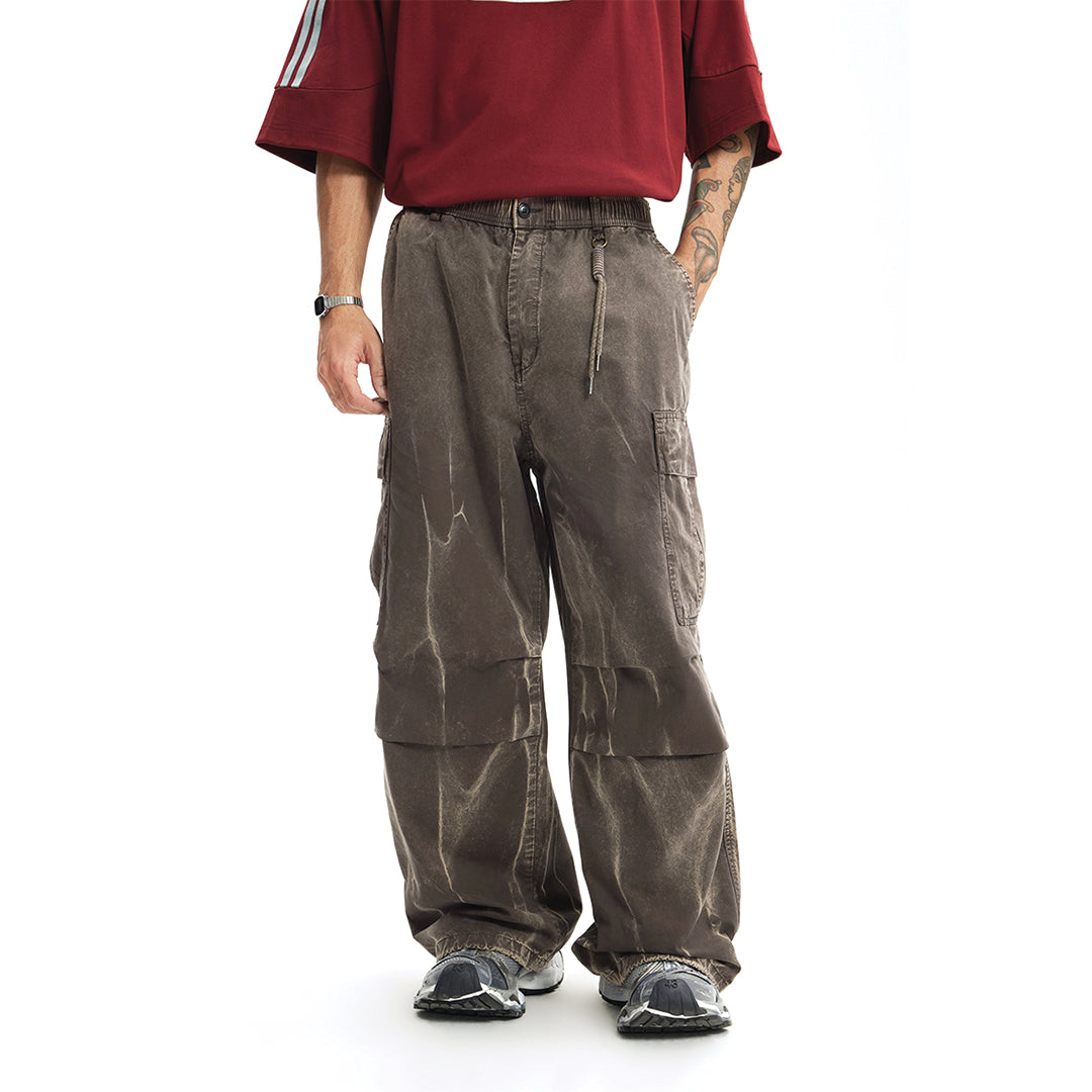Men's static dye cargo trousers slouchy cotton streetwear pants with bold pleats multi-pocket