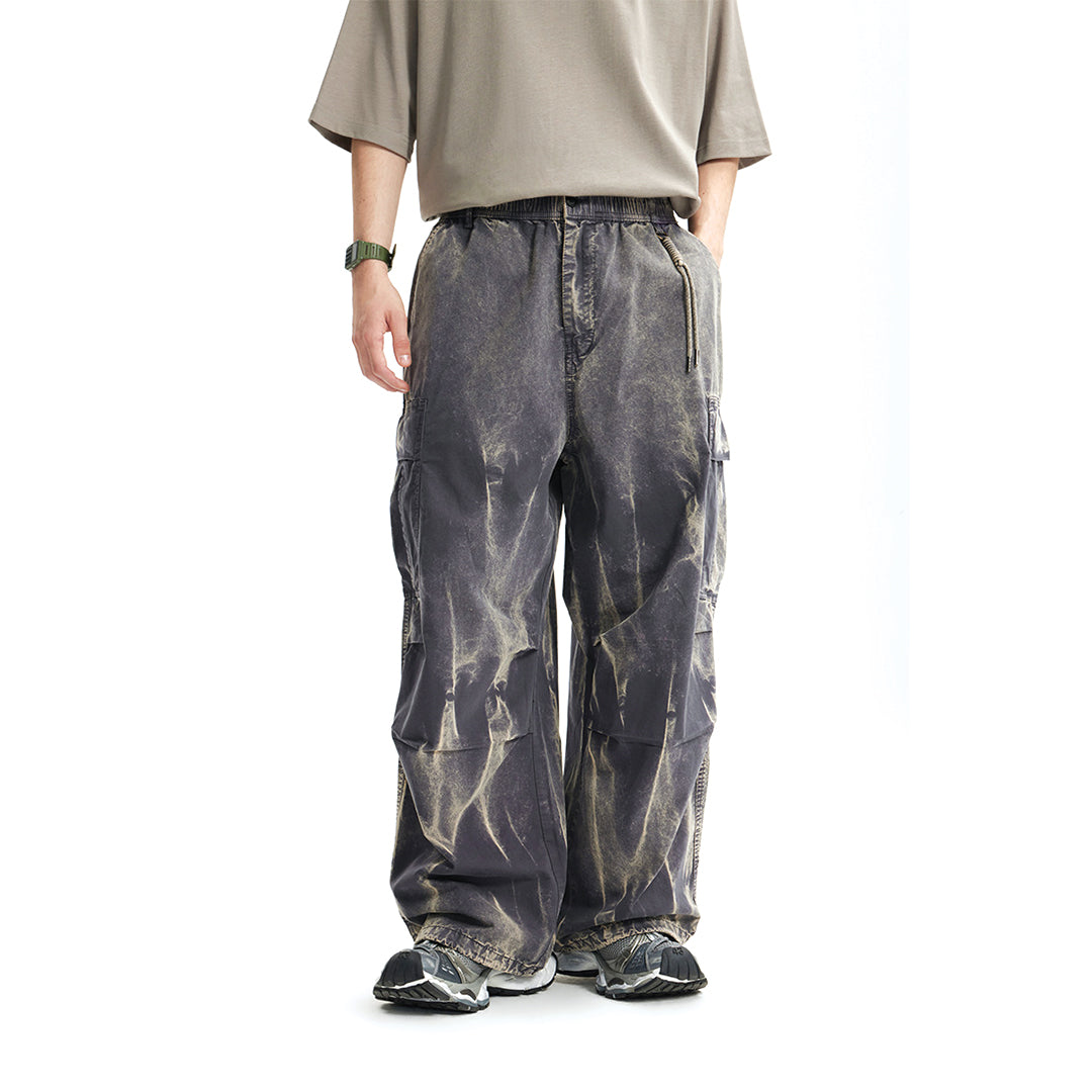 Men's static dye cargo trousers slouchy cotton streetwear pants bold pleats multi-pocket