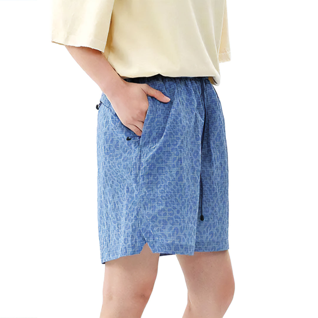 Leopard print quick-dry nylon shorts elastic drawstring waist bold animal pattern active outdoor style