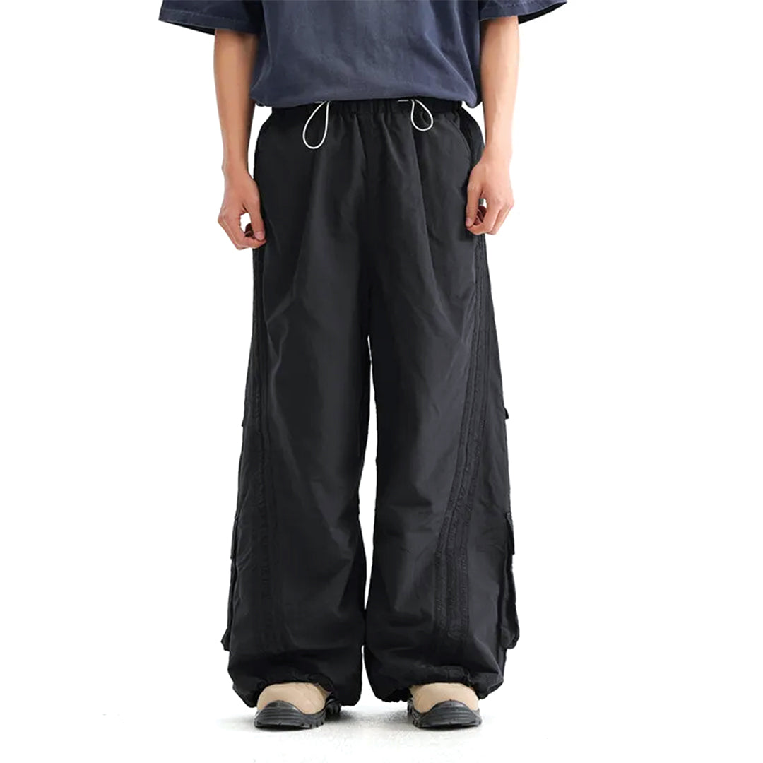 Wide-leg striped cargo pants water-resistant multi-pocket travel style in neutral tones