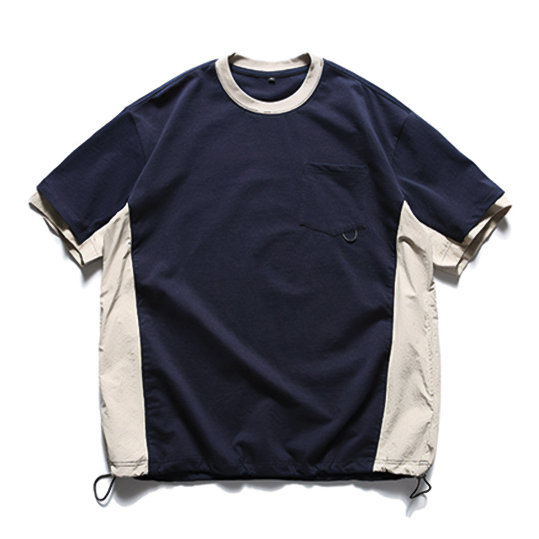 Dual-color patchwork cotton-poly t-shirt with adjustable drawstring hem for urban outdoor style