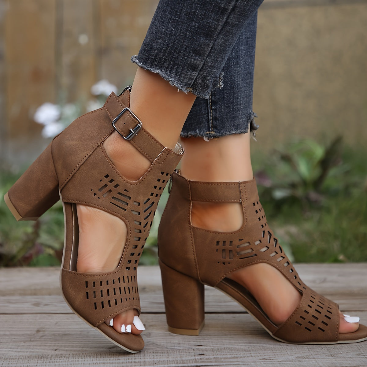 Women's cut-out peep-toe ankle boots with block heel and adjustable buckle strap in chic style