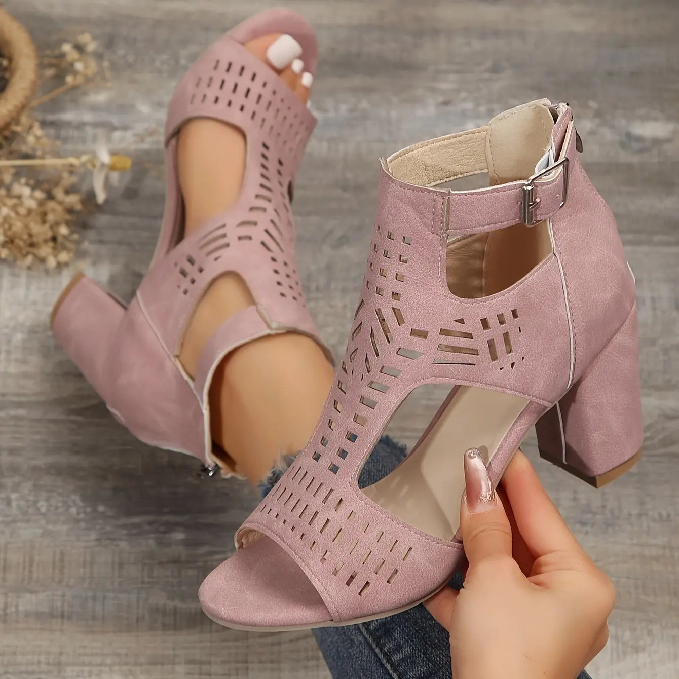 Women's black PU leather cut-out peep toe ankle boots with comfortable block heel edgy style